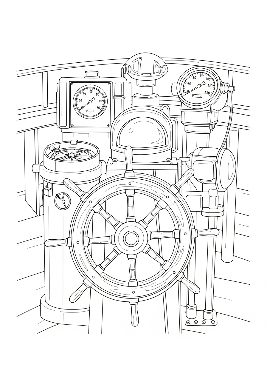 Vintage wooden Titanic captain wheel coloring page