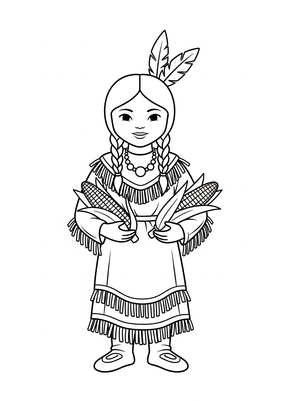Thanksgiving Coloring Pages 27 Wampanoag girl holding ears of corn coloring page