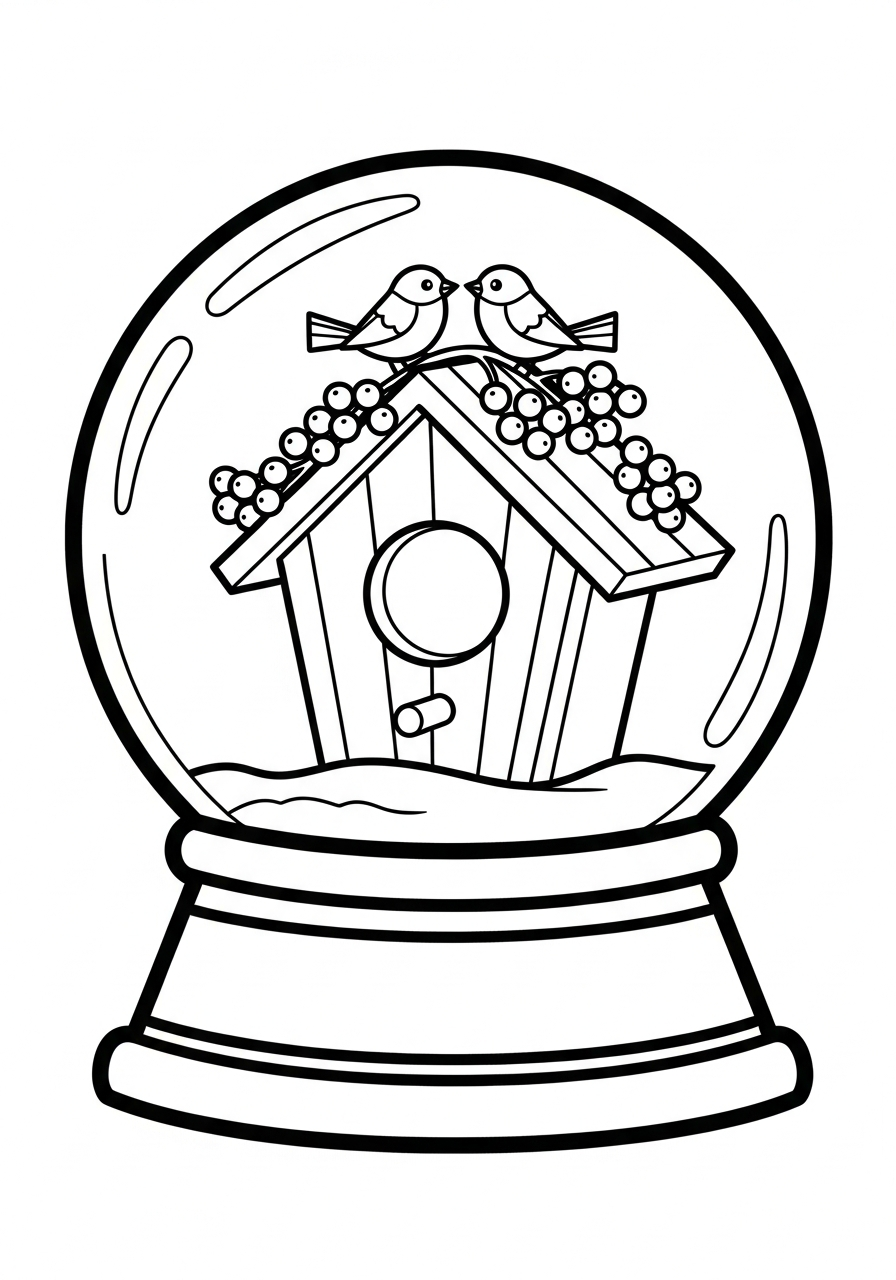 Winter birds on birdhouse globe coloring page