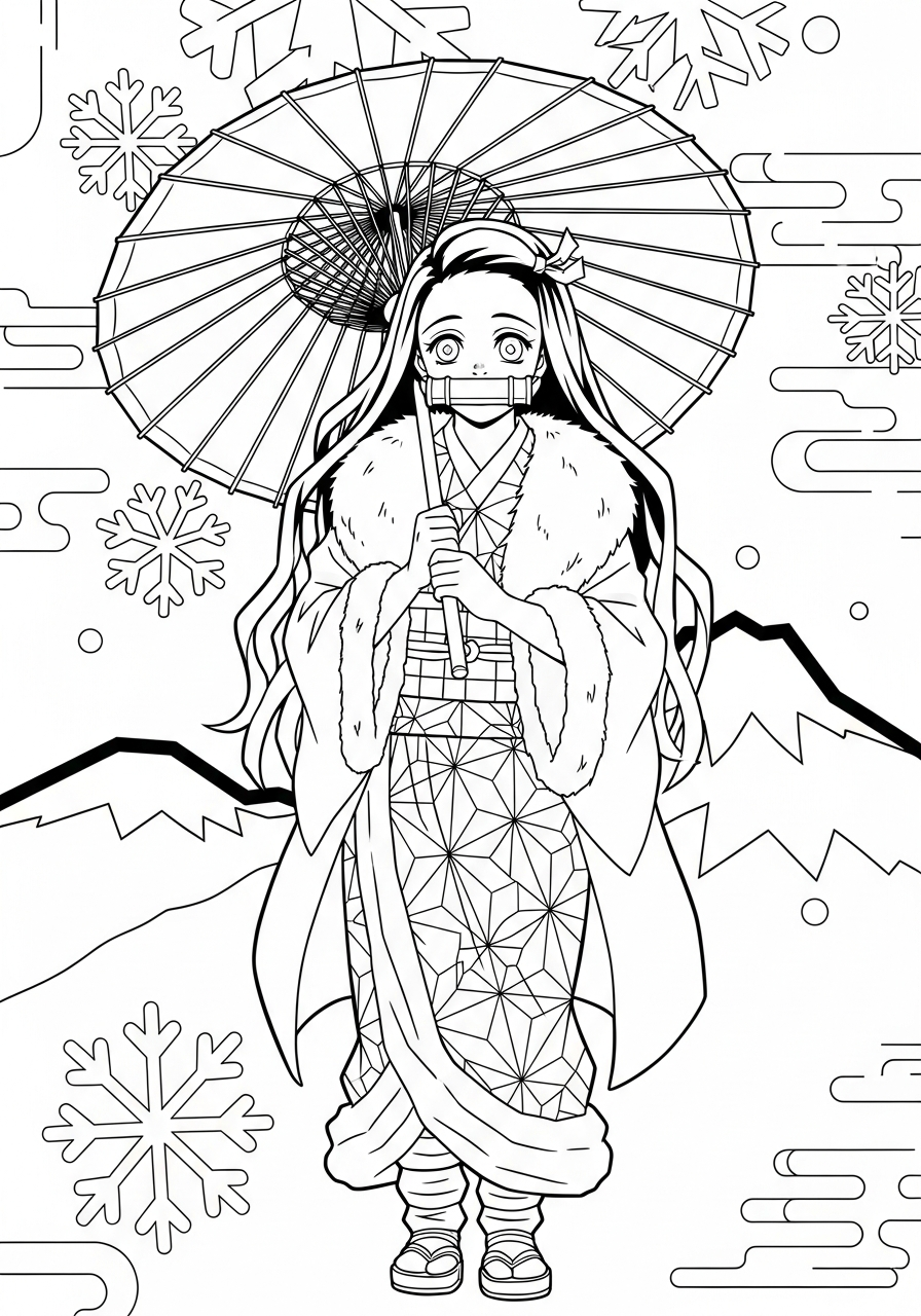 Nezuko Coloring Pages 31 Winter kimono Nezuko with umbrella coloring page