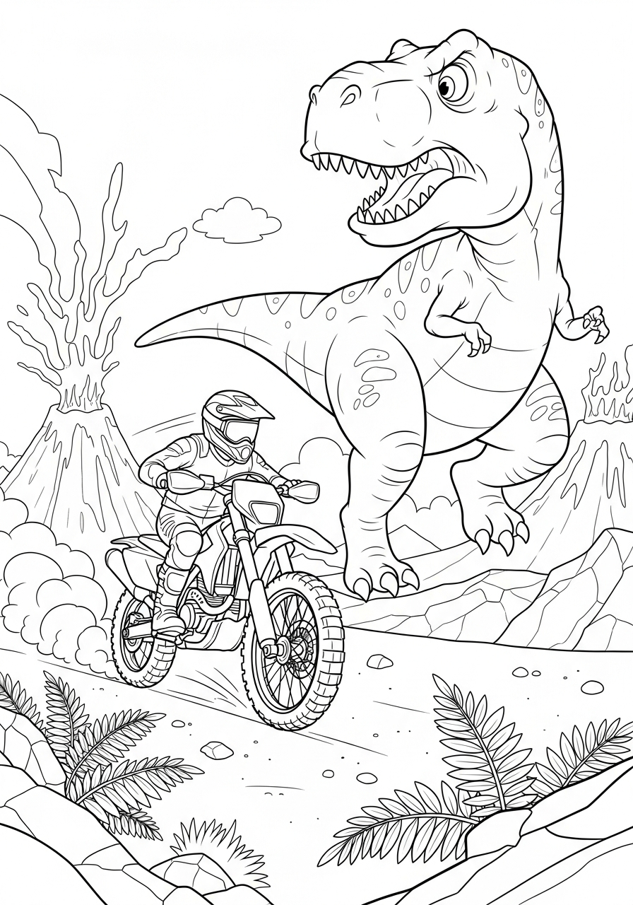 Dirt Bike Coloring Pages 3 Bike being chased by a T-Rex coloring page