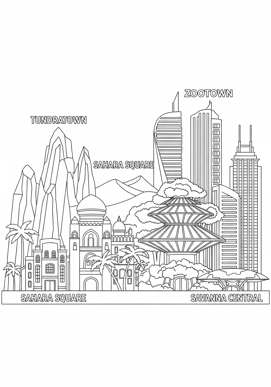 Zootopia city skyline view coloring page