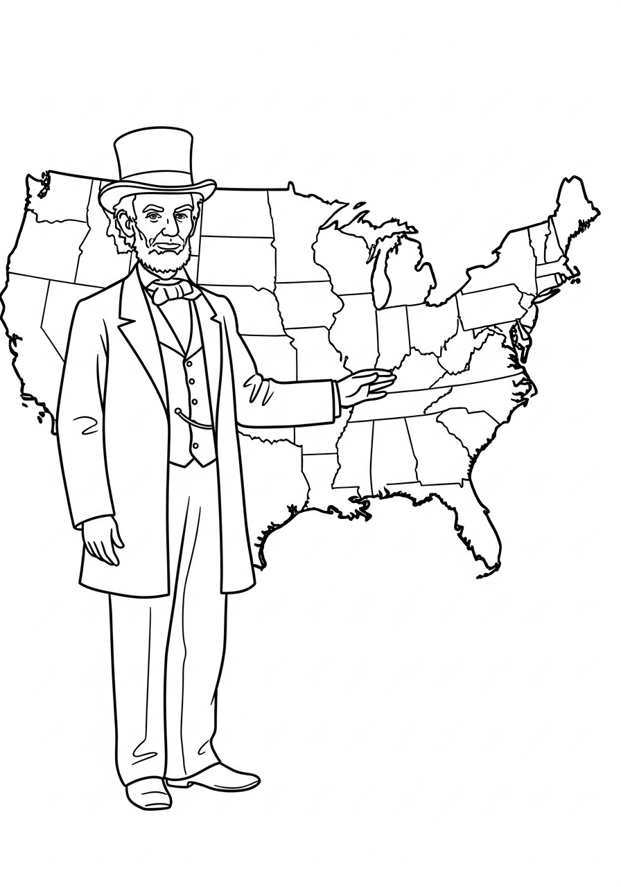 Abraham Lincoln Coloring Pages 10 Abraham Lincoln standing near map coloring page