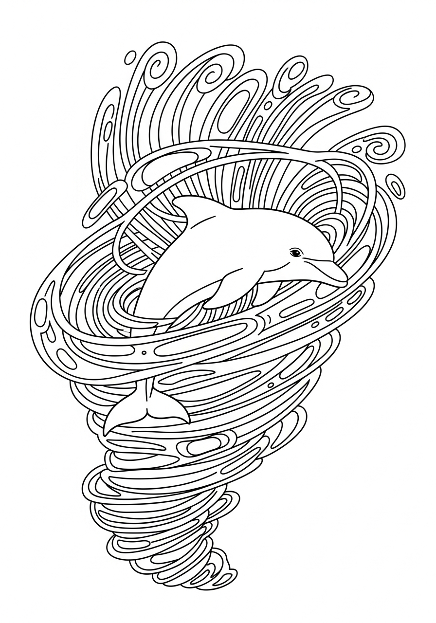 Dolphin Coloring Pages 2 Abstract dolphin in water whirlpool coloring page