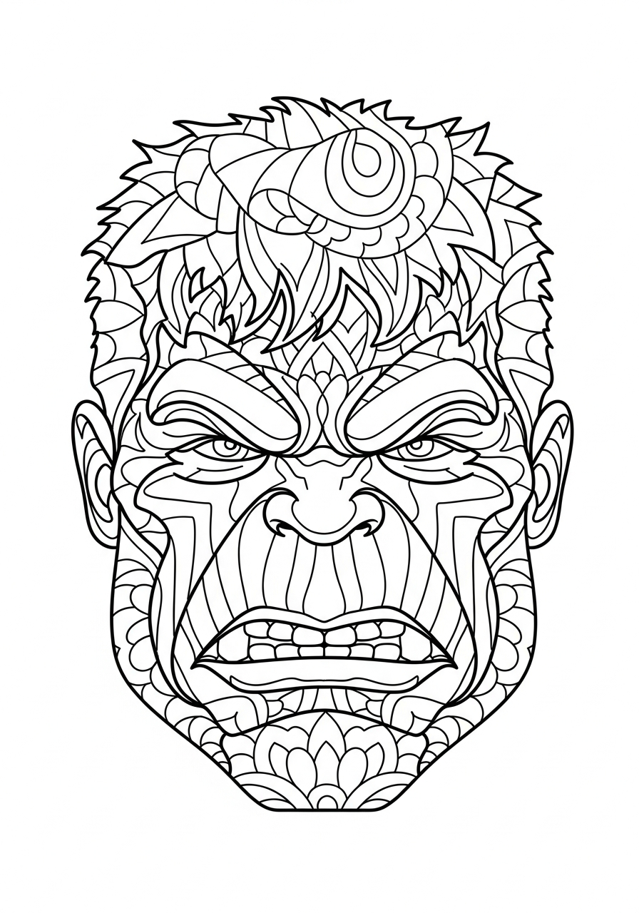 Abstract mandala Hulk face pattern coloring page