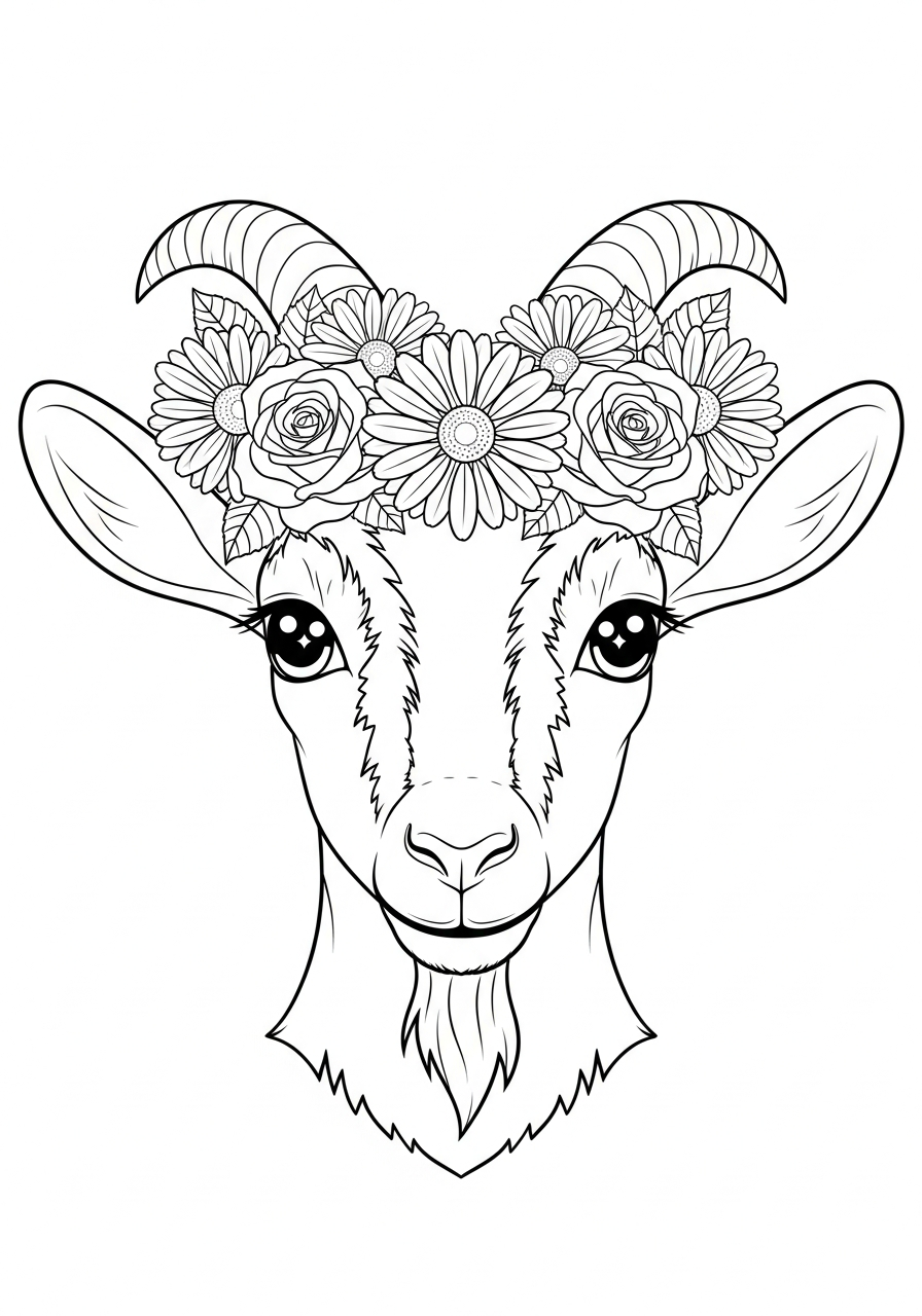 Adorable goat with flower crown coloring page