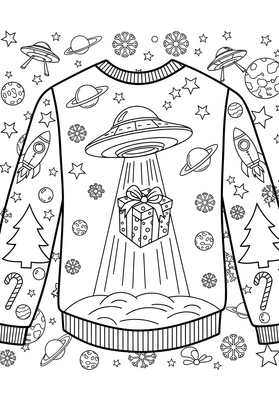 Ugly Christmas Sweater Coloring Pages 2 Alien UFO ugly Christmas sweater coloring page