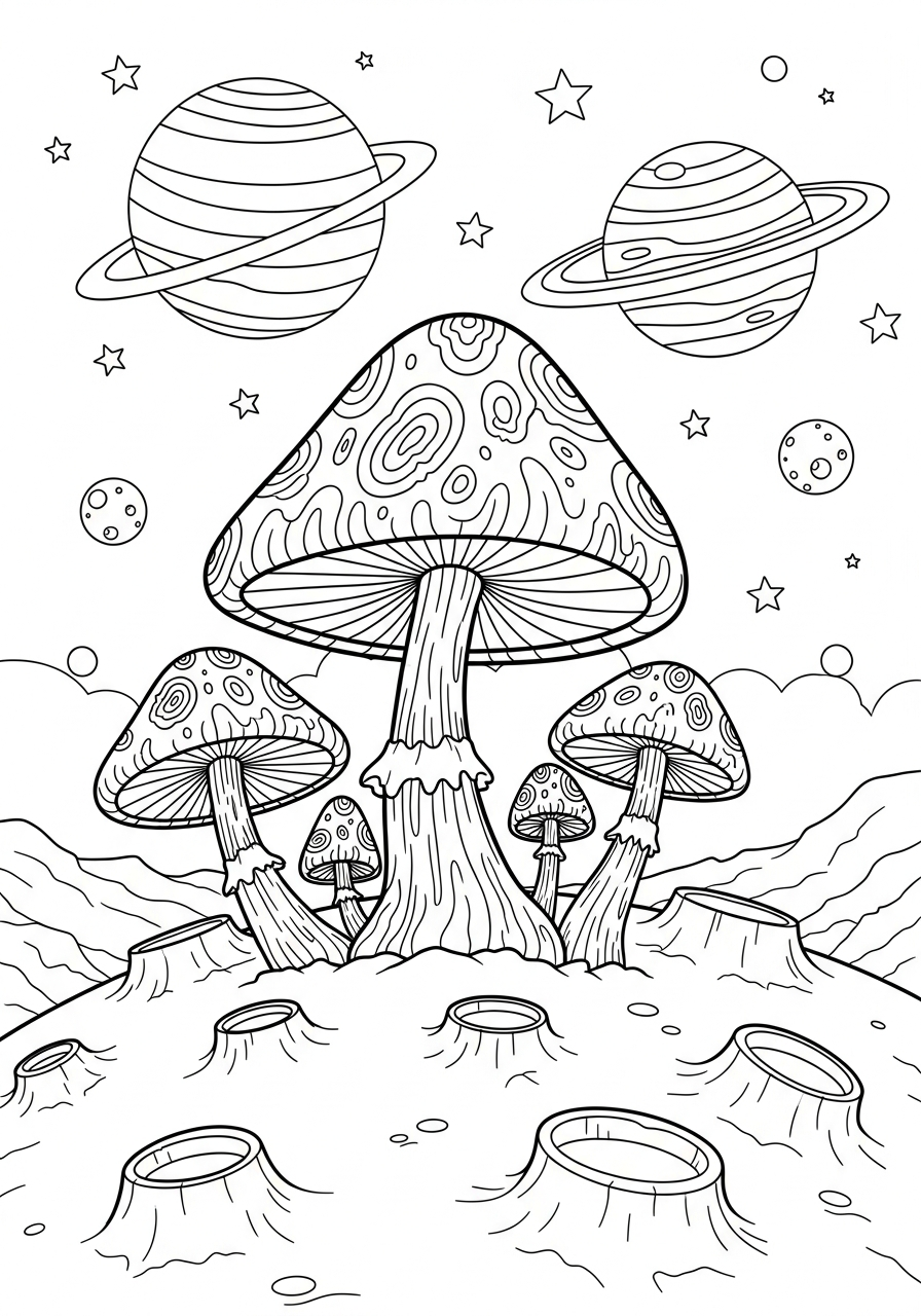 Mushroom Coloring Pages 2 Alien space mushrooms on moon surface coloring page