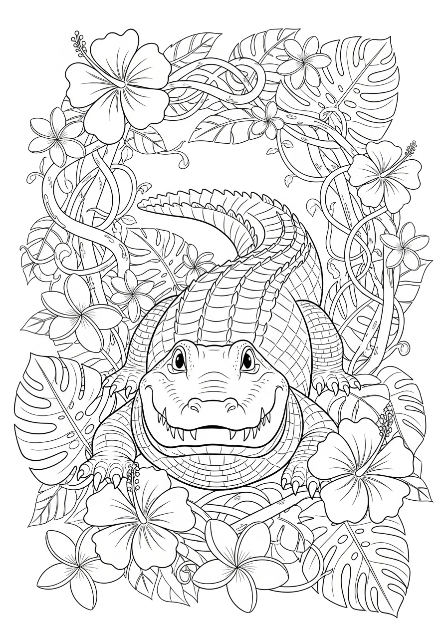 Alligator Coloring Pages 10 Alligator with tropical flowers art coloring page
