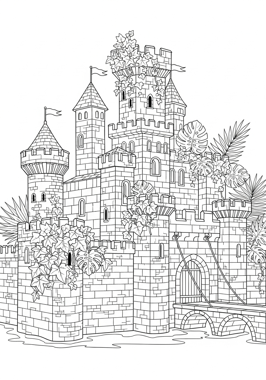 Castle Coloring Pages 2 Ancient ruined jungle castle stone coloring page