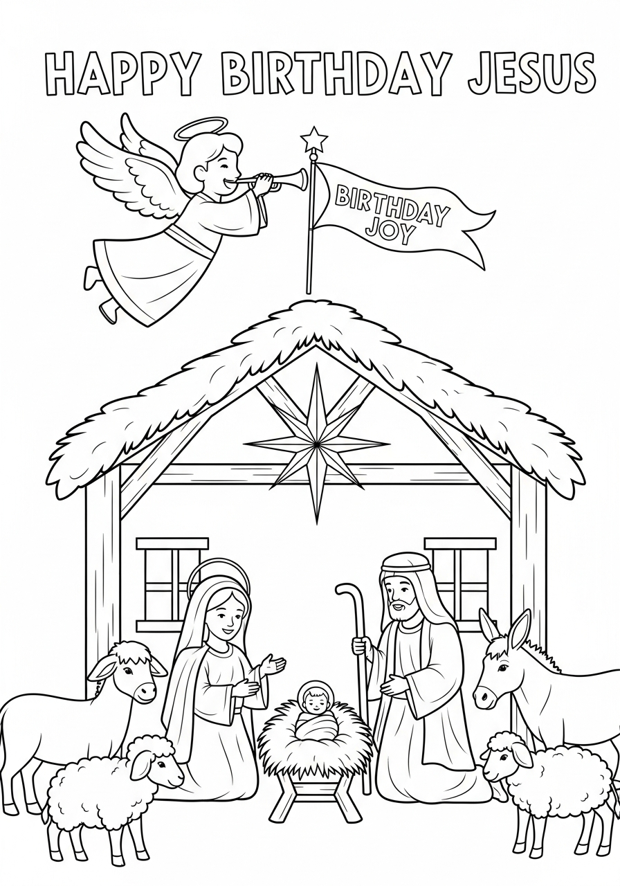 Angel blowing trumpet birthday flag coloring page