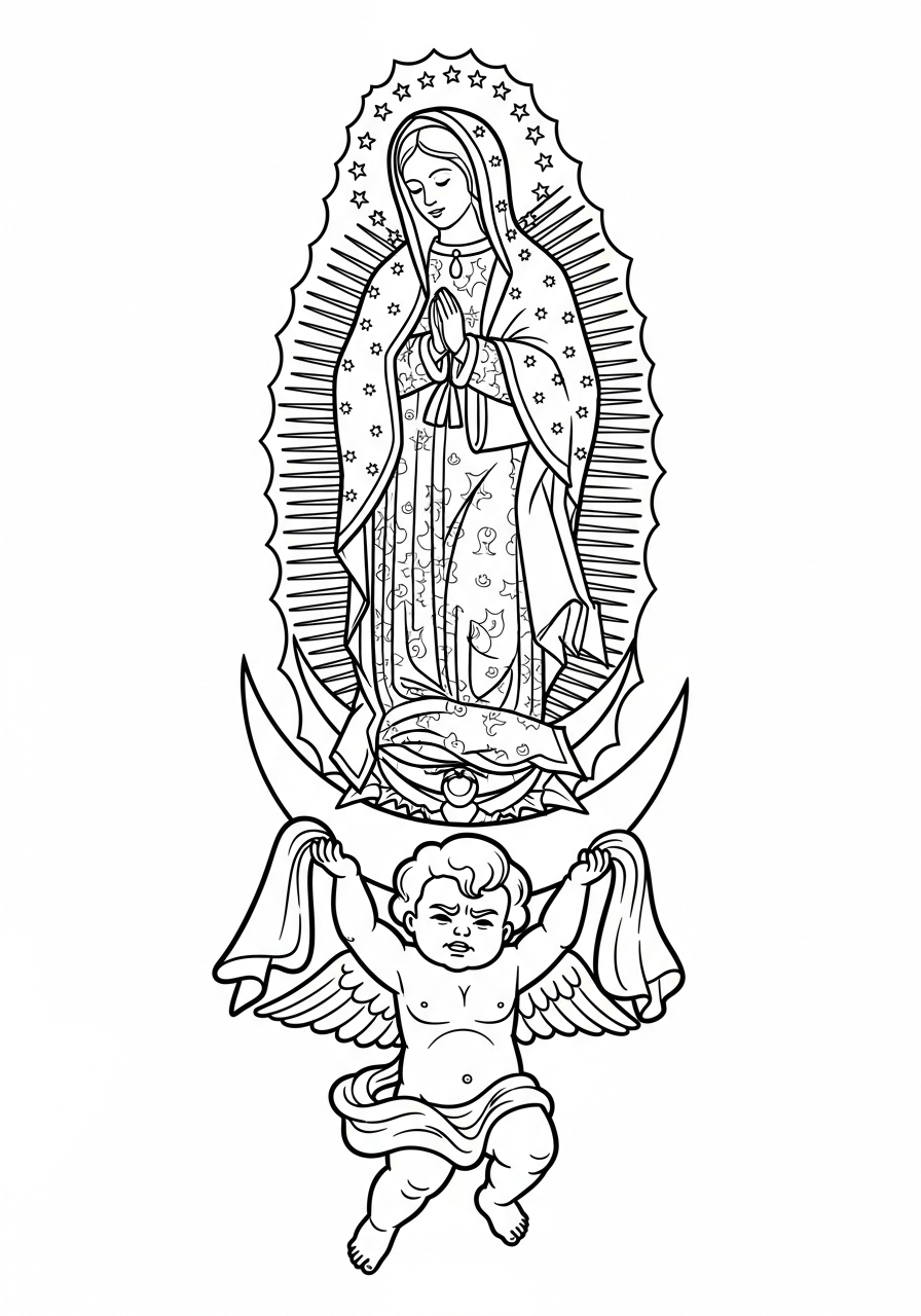 Our Lady of Guadalupe Coloring Pages 3 Angel lifting Our Lady of Guadalupe coloring page