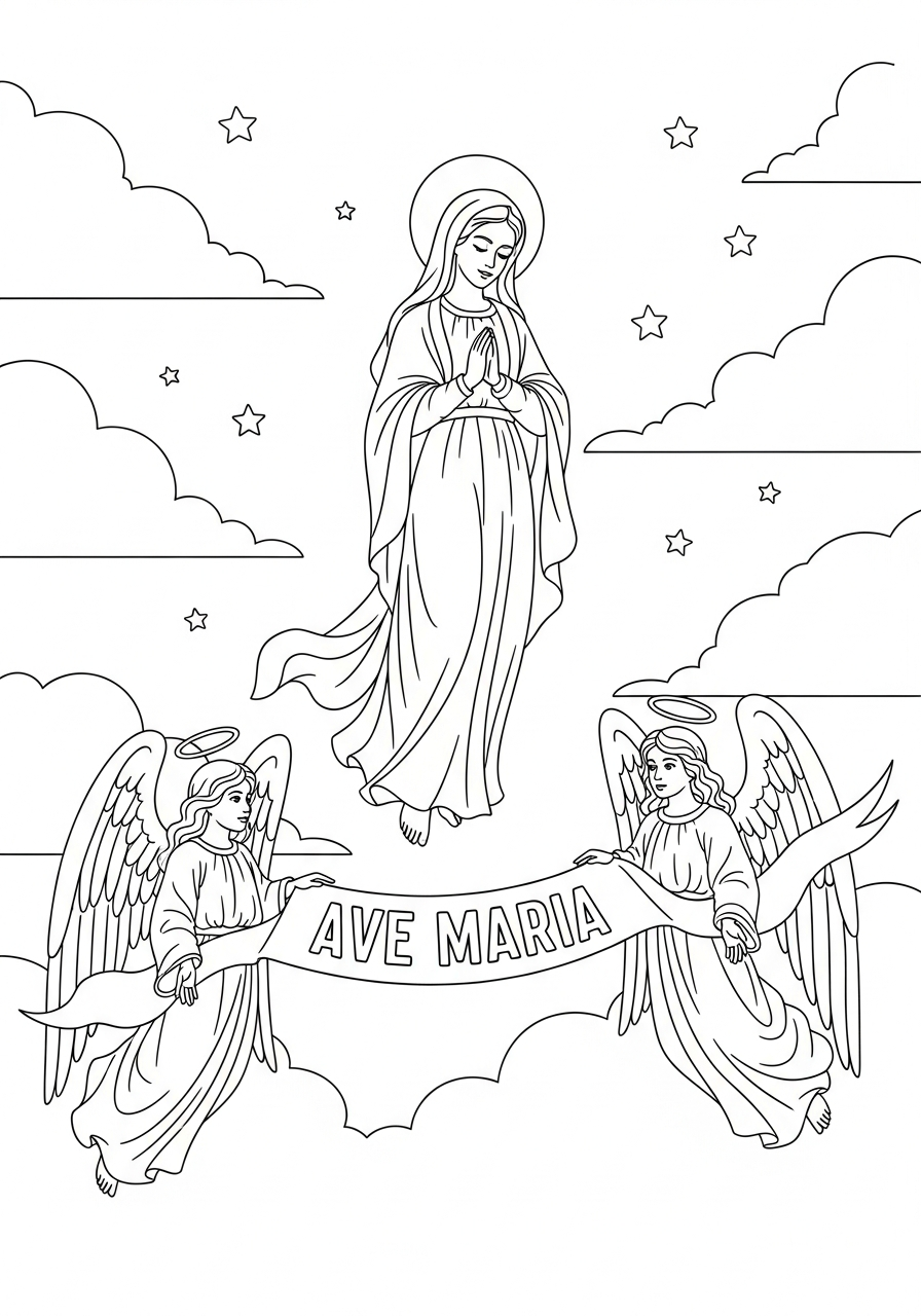 Angels holding banner above Mary coloring page