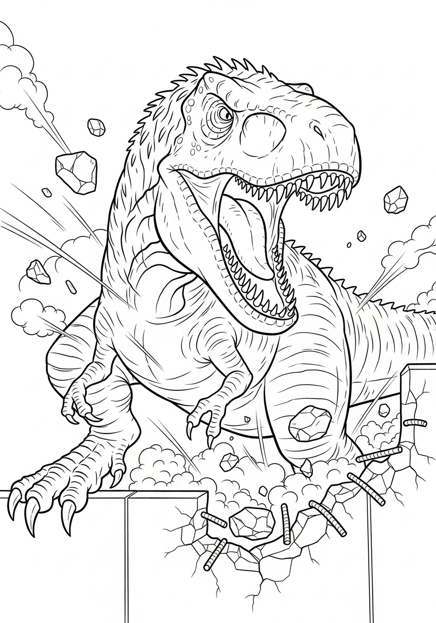 Indominus Rex Coloring Pages 2 Angry Indominus Rex breaking wall coloring page