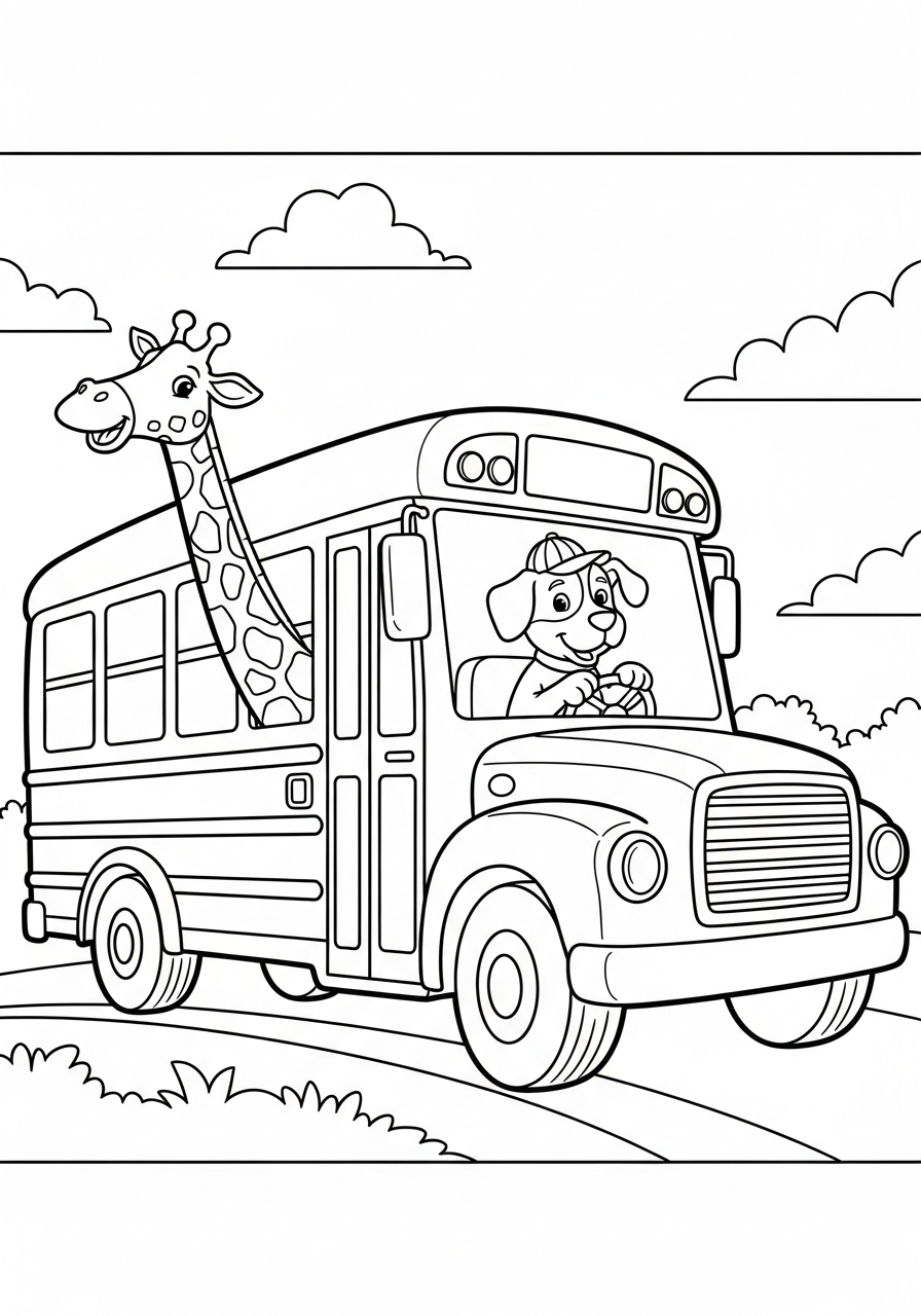 School Bus Coloring Pages 3 Animals riding a School Bus coloring page