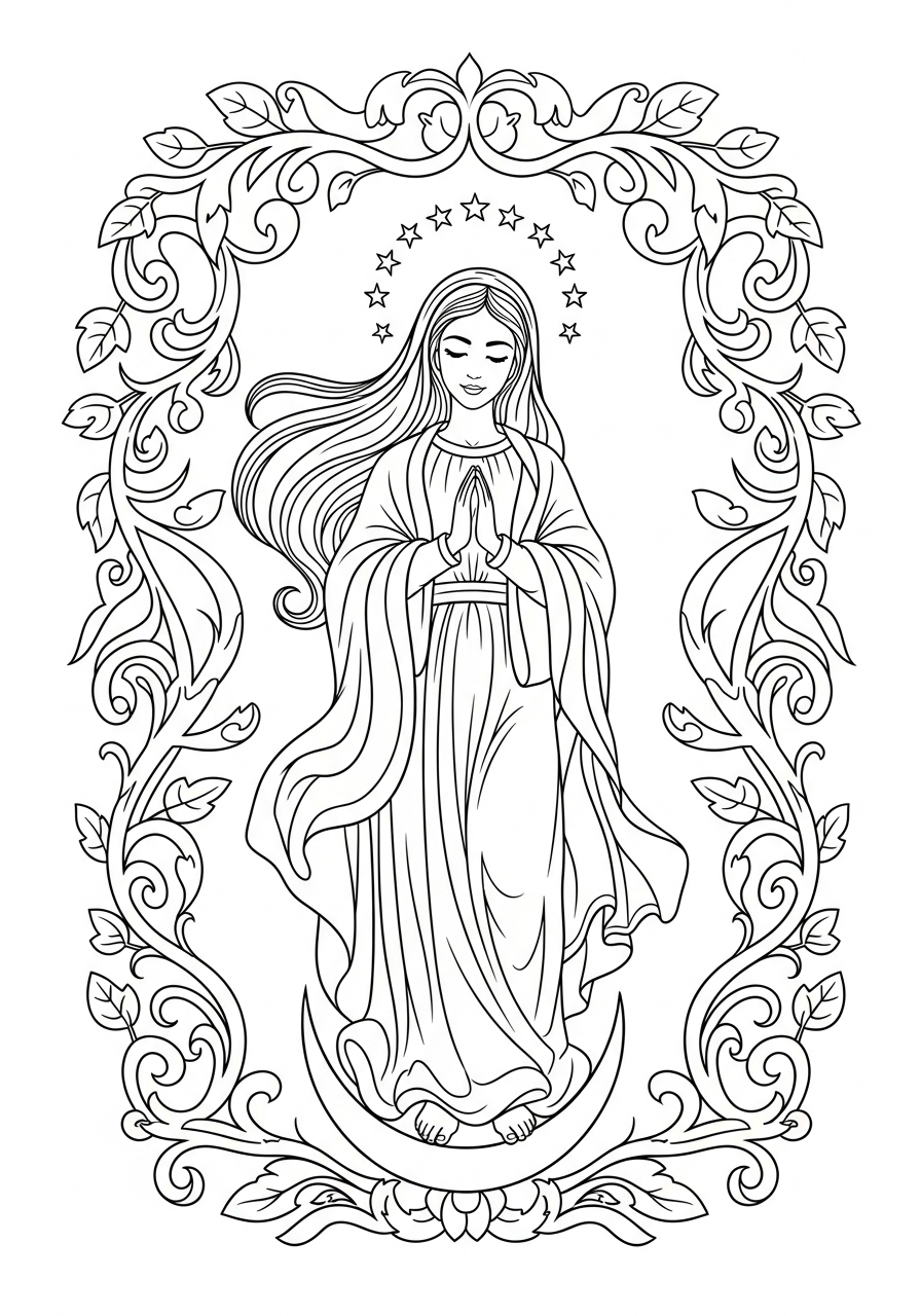Art Nouveau style Virgin Mary coloring page