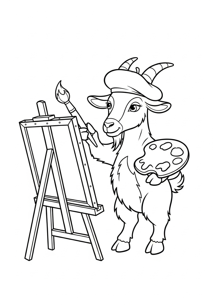 Artist goat painting on canvas coloring page