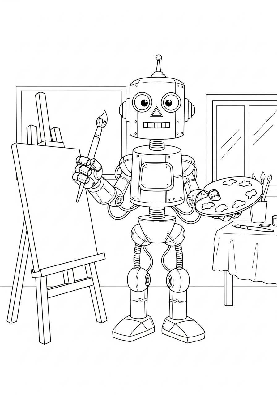 Robot Coloring Pages 3 Artist robot painting on easel coloring page