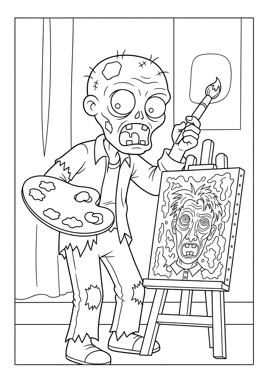 Zombie Coloring Pages 2 Artist zombie painting messy portrait coloring page