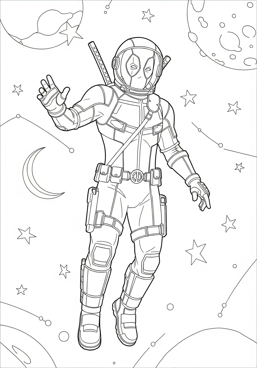 Deadpool Coloring Pages 3 Astronaut Deadpool floating in space coloring page