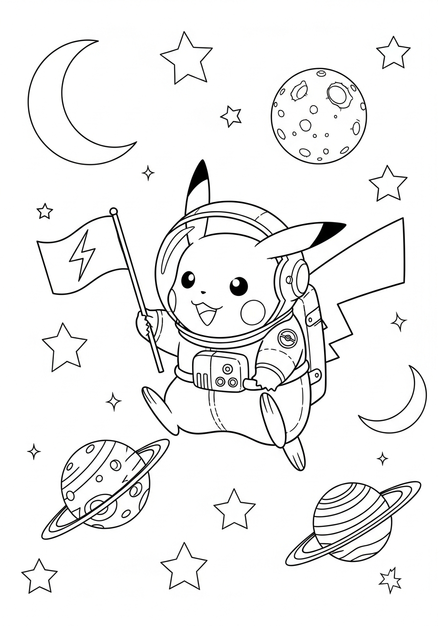 Pikachu Coloring Pages 4 Astronaut Pikachu in space coloring page