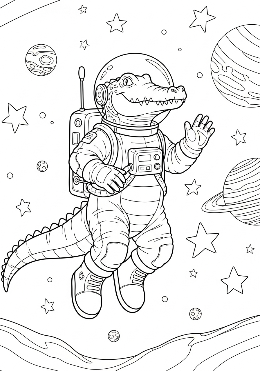 Alligator Coloring Pages 11 Astronaut alligator floating in space coloring page