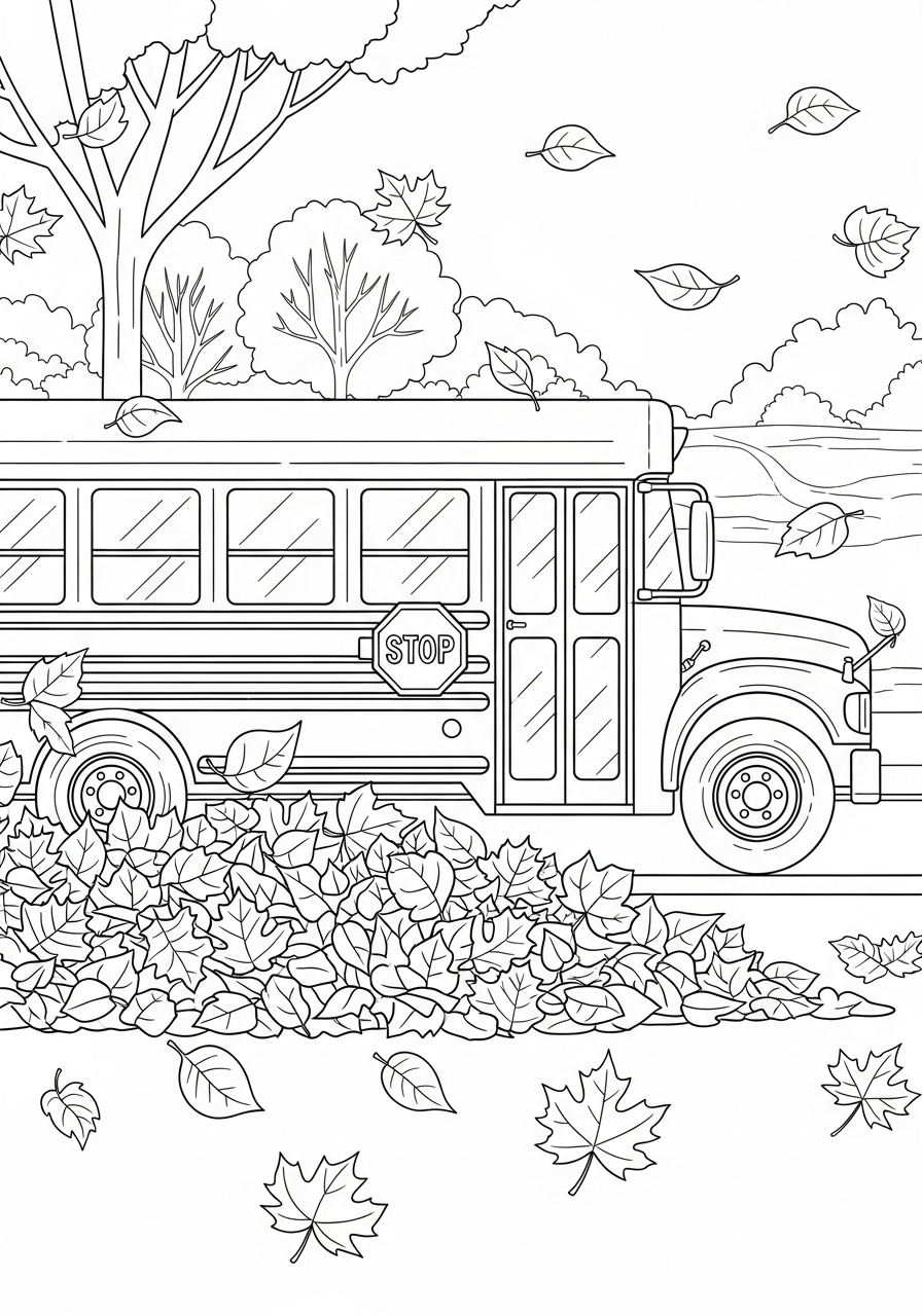 School Bus Coloring Pages 4 Autumn leaves and School Bus coloring page