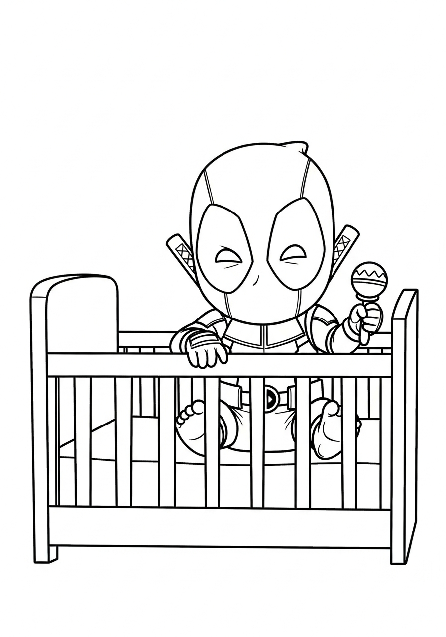 Deadpool Coloring Pages 4 Baby Deadpool sitting in crib coloring page