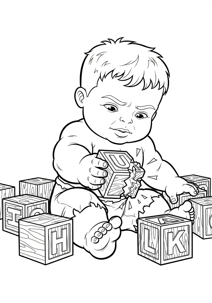 Baby Hulk playing with toys coloring page
