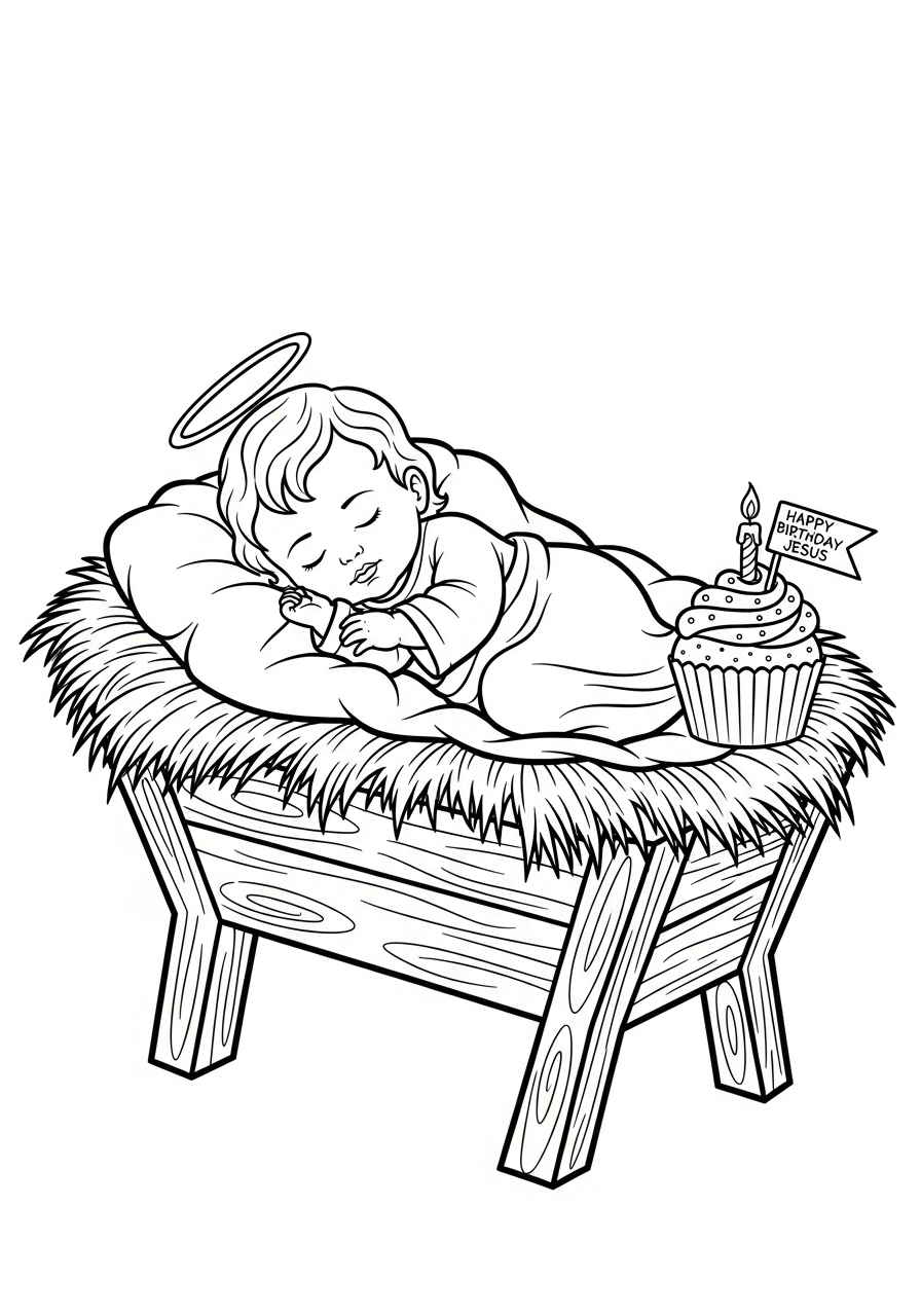 Baby Jesus with birthday cake coloring page
