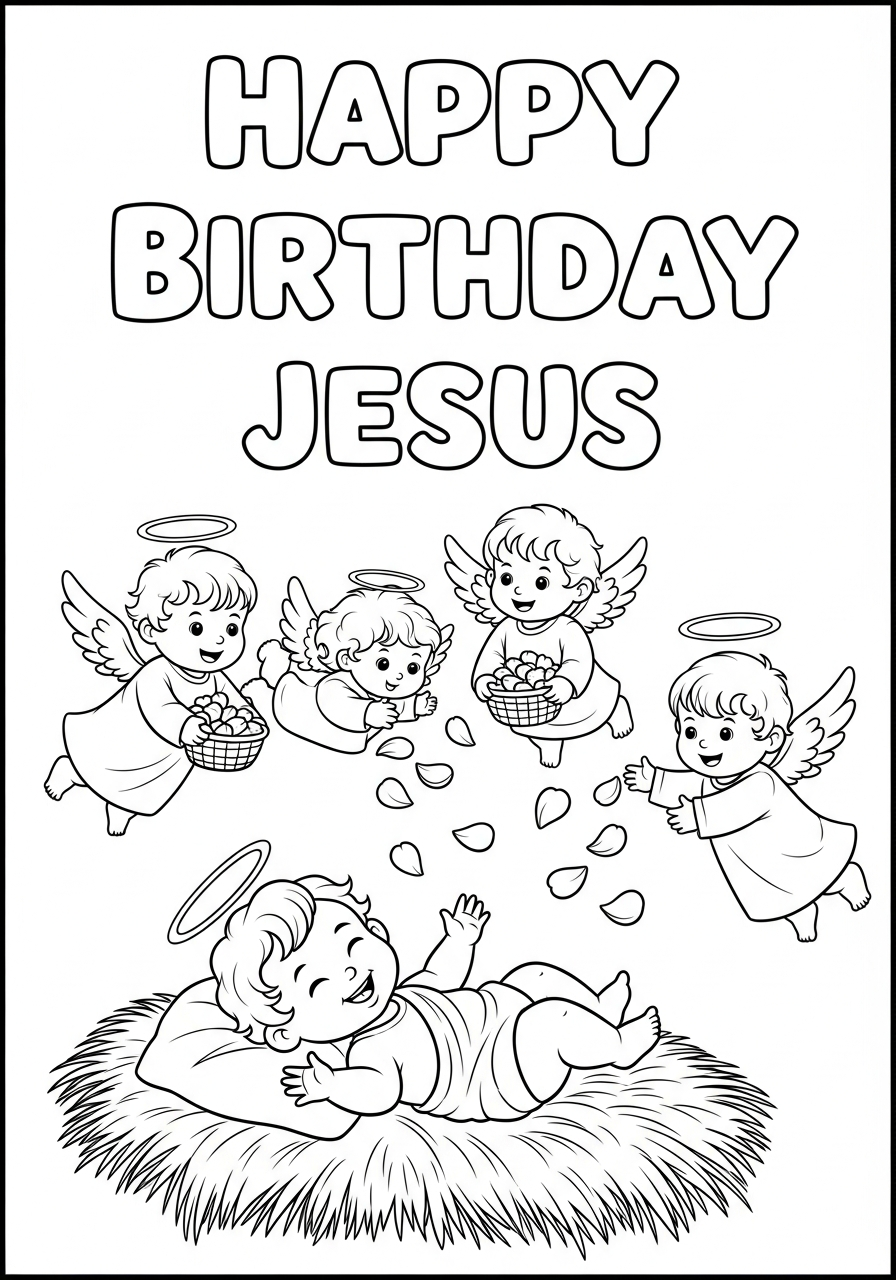 Baby angels tossing flower petals coloring page