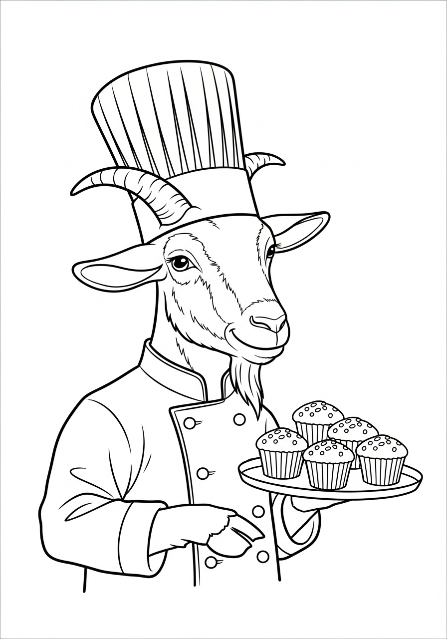 Baker goat holding muffin tray coloring page