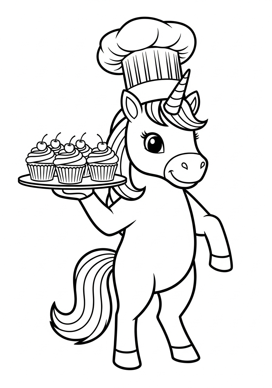 Unicorn Coloring Pages 4 Baker unicorn holding cupcakes tray coloring page