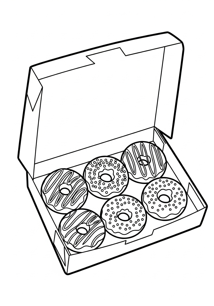 Donut Coloring Pages 3 Bakery box full of assorted donuts coloring page