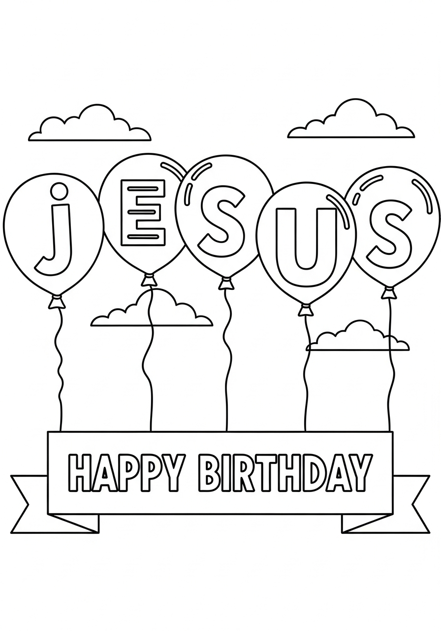 Balloons spelling Jesus in sky coloring page