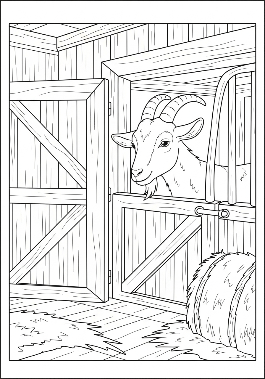 Barn goat looking over stable coloring page