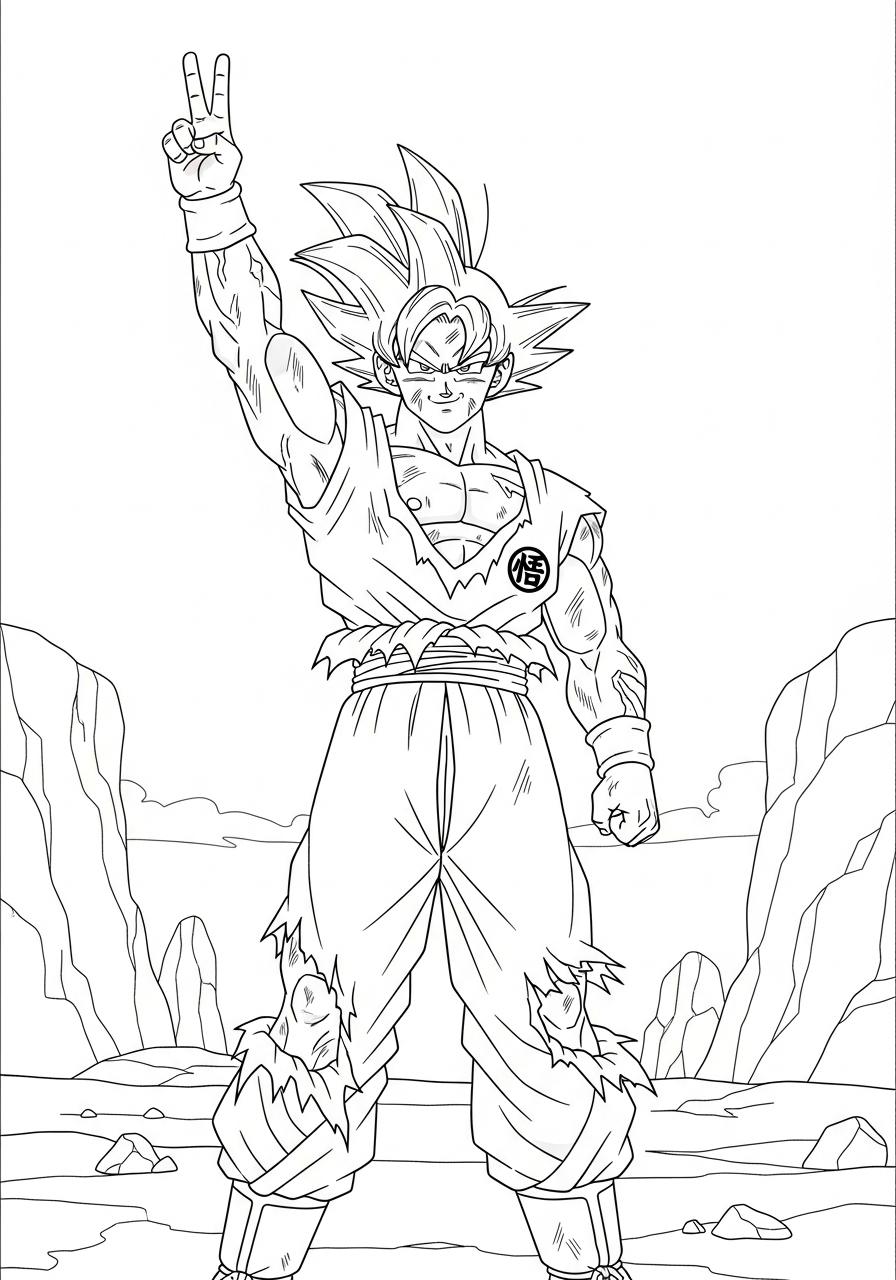 Battle damaged Goku standing strong coloring page