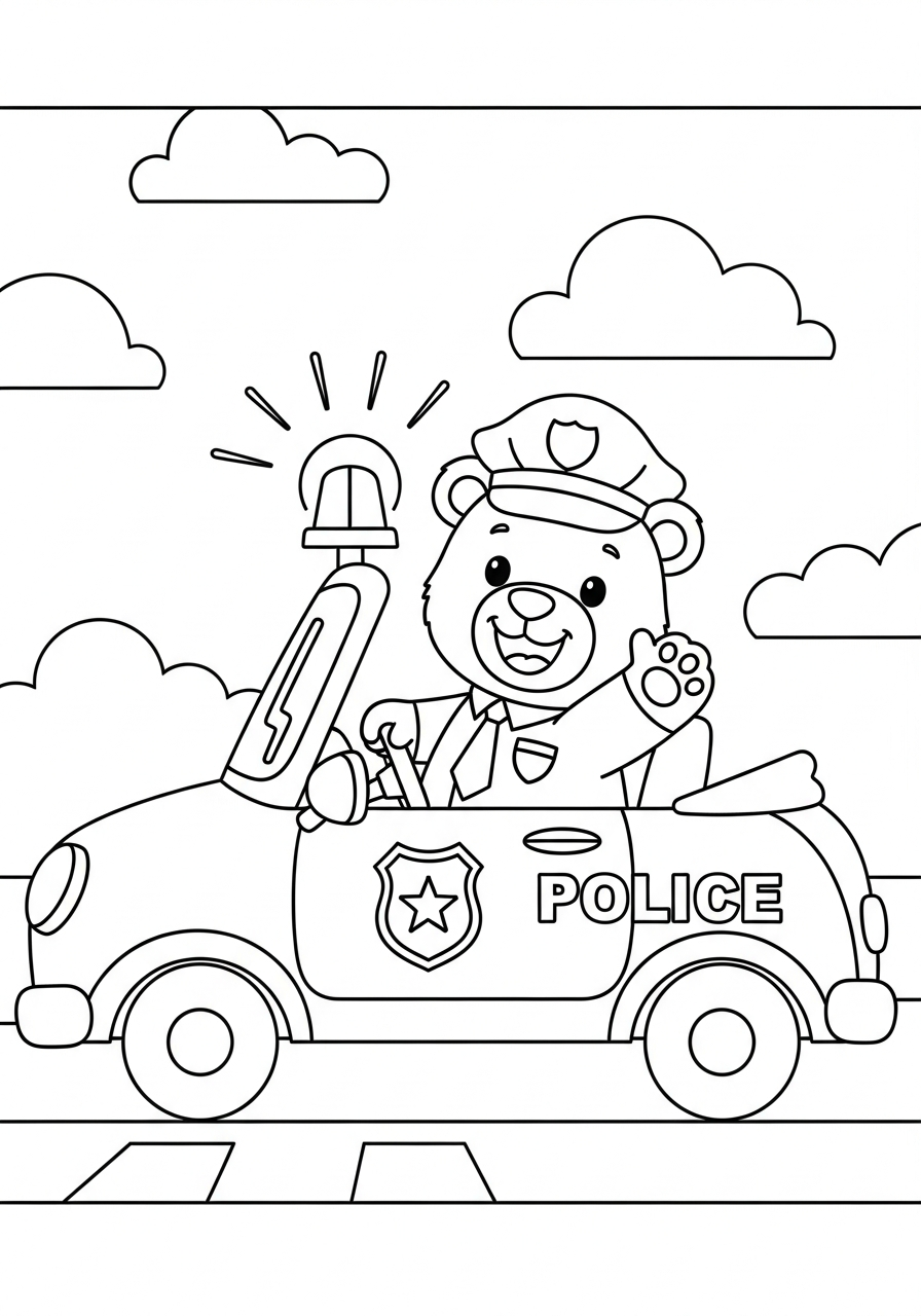 Police Car Coloring Pages 3 Bear driving a small police car coloring page