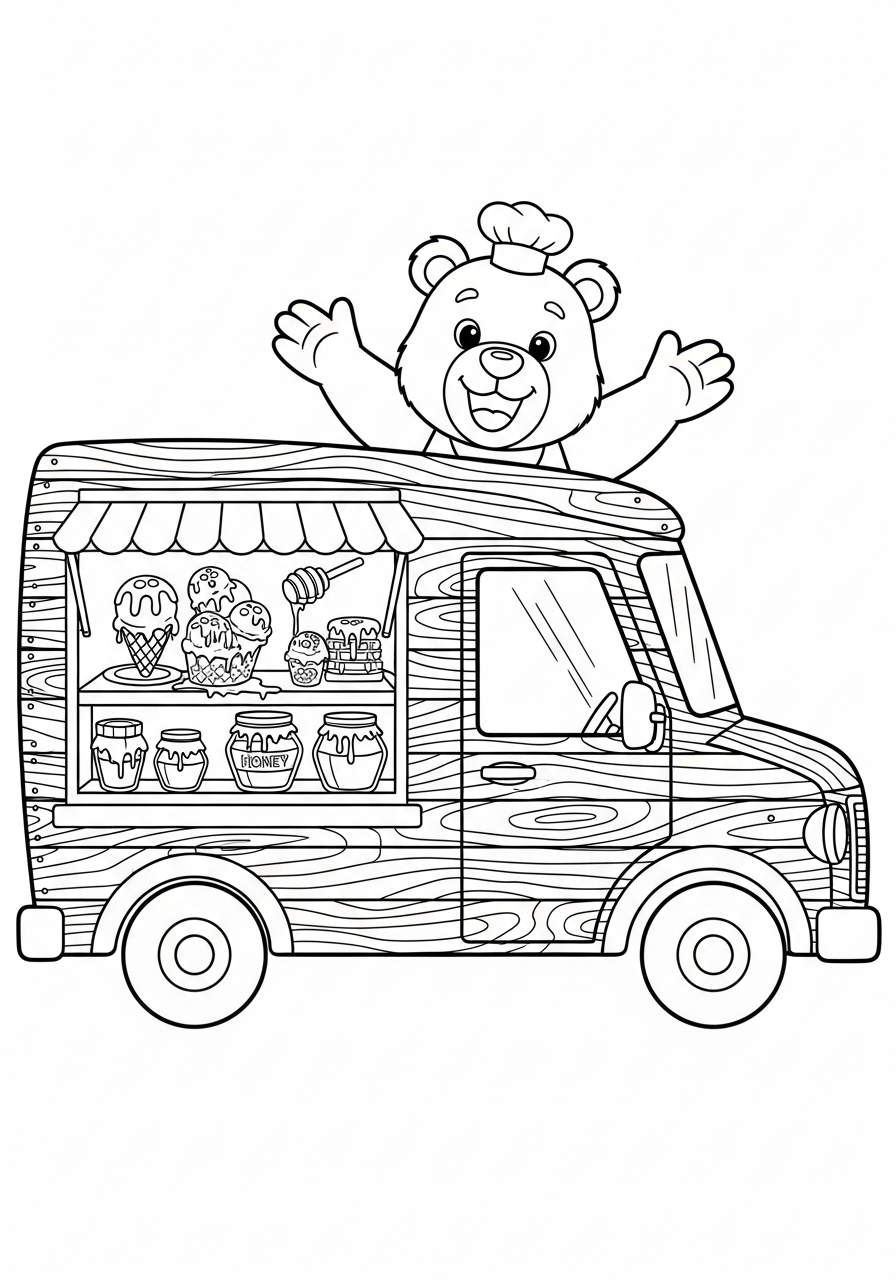 Bear driving wooden ice cream truck coloring page