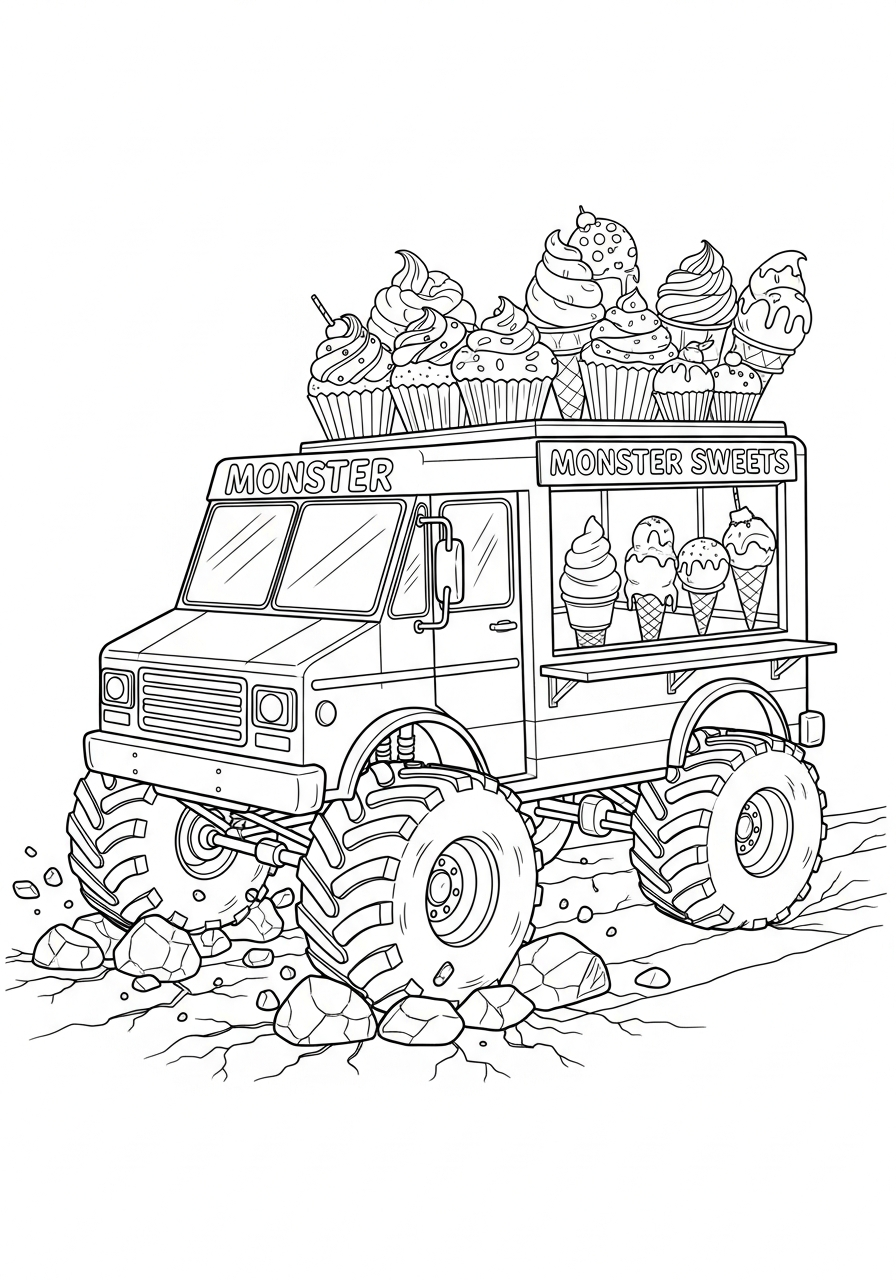 Big wheel monster ice cream truck coloring page