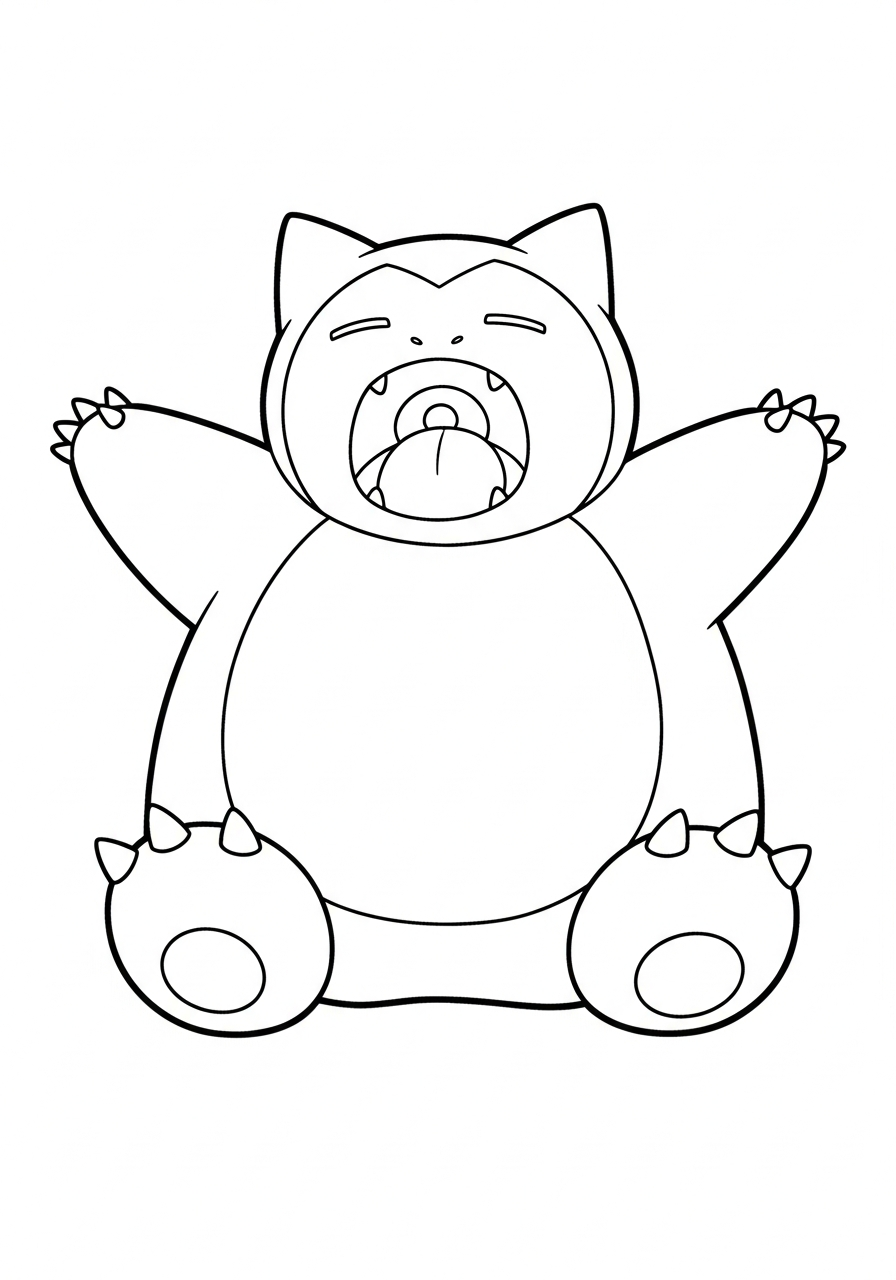 Snorlax Coloring Pages 3 Big yawning Snorlax stretching arms coloring page