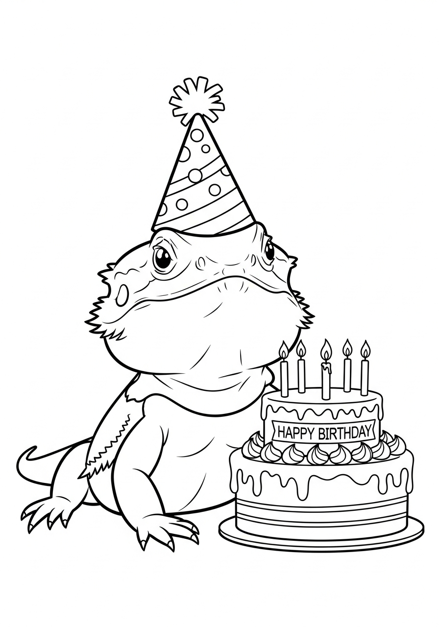 Bearded Dragon Coloring Pages 9 Birthday Bearded Dragon with cake coloring page