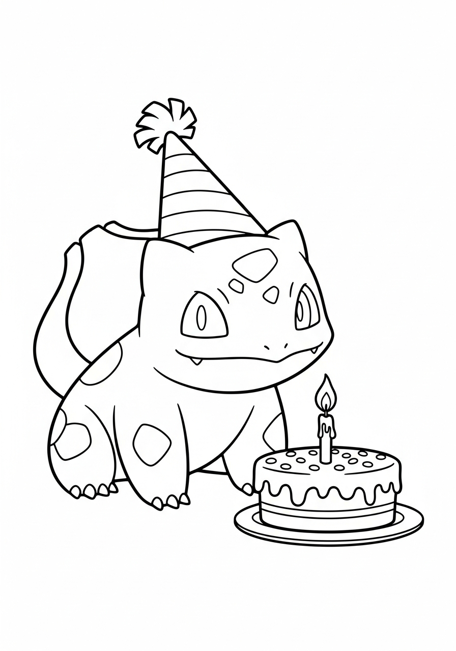 Bulbasaur Coloring Pages 4 Birthday Bulbasaur with cake coloring page