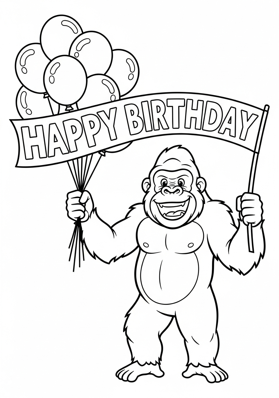 Gorilla Coloring Pages 5 Birthday gorilla holding balloons coloring page