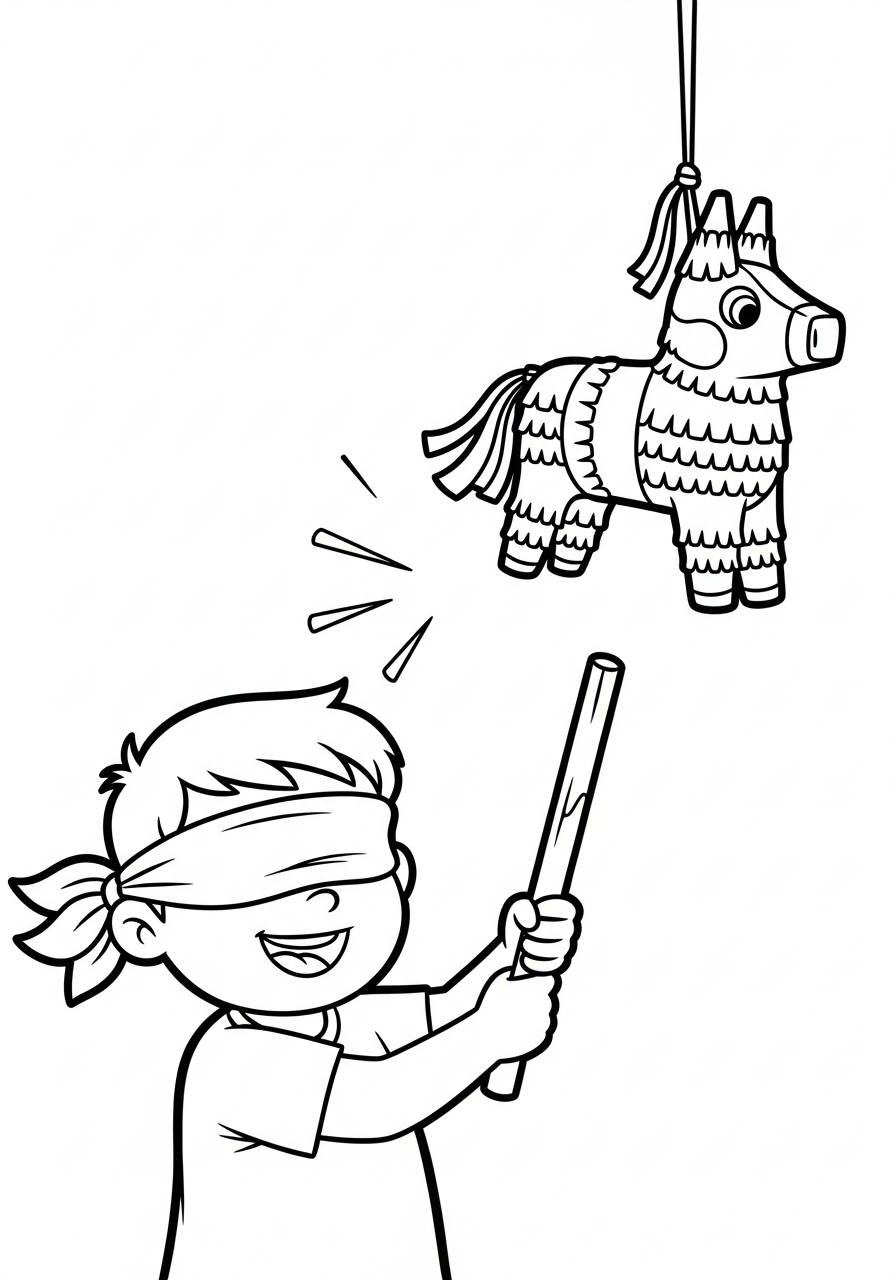 Las Posadas Coloring Pages 3 Blindfolded child hitting star piñata coloring page