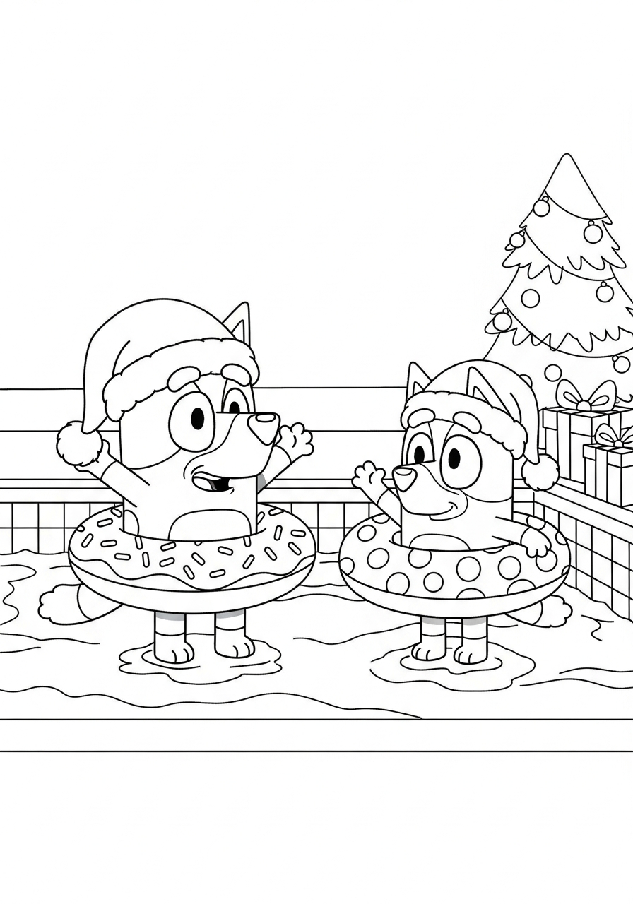 Bluey Christmas Coloring Pages 6 Bluey swimming with Santa hat coloring page
