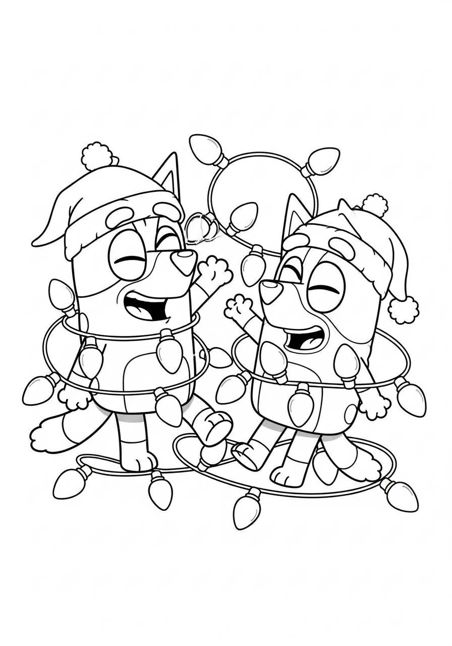 Bluey Christmas Coloring Pages 7 Bluey tangled in Christmas lights coloring page