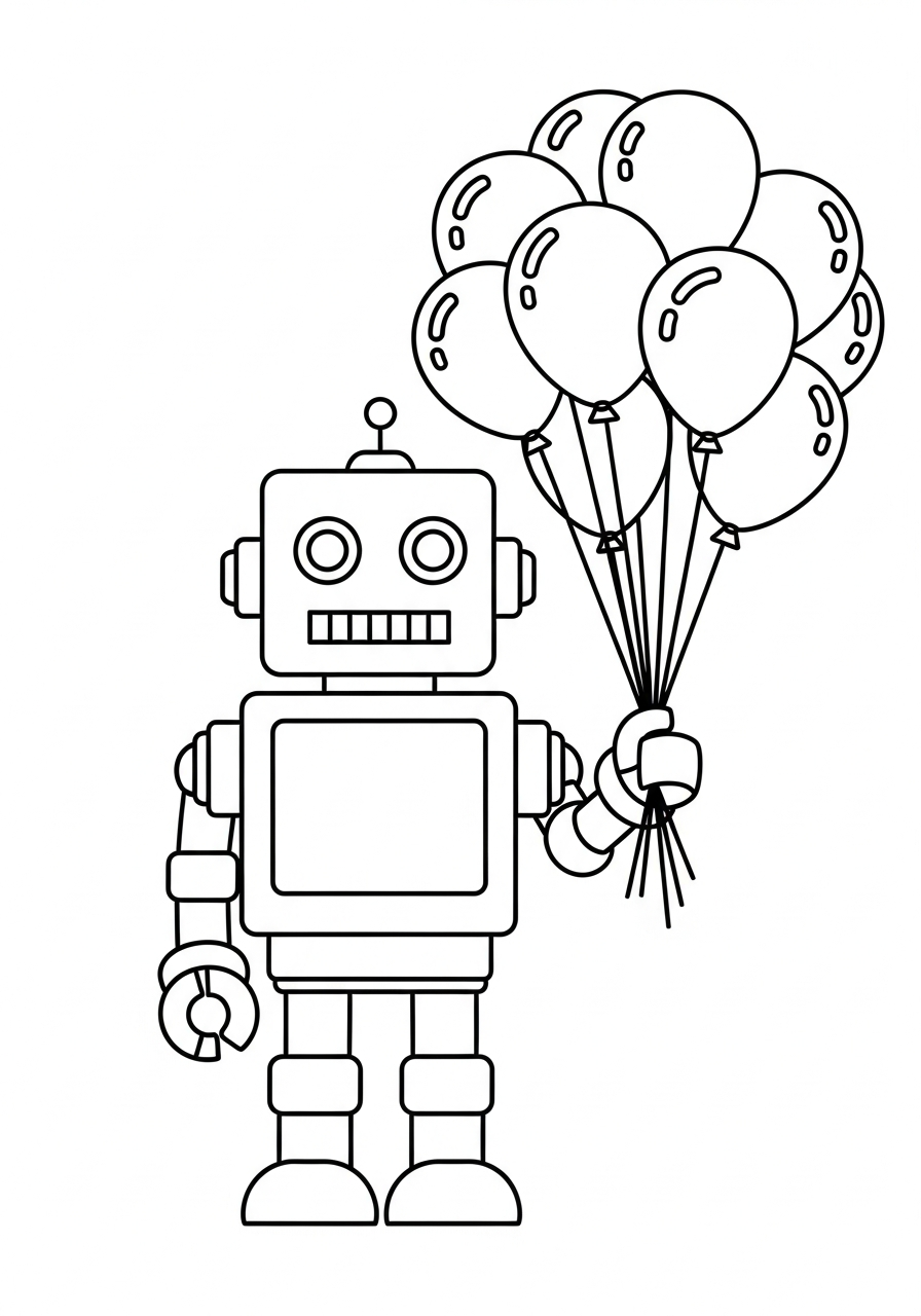 Robot Coloring Pages 6 Boxy robot holding balloons coloring page