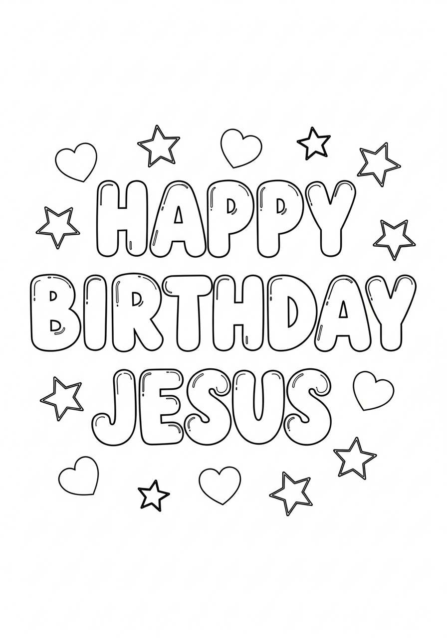 Bubble letters Happy Birthday Jesus coloring page