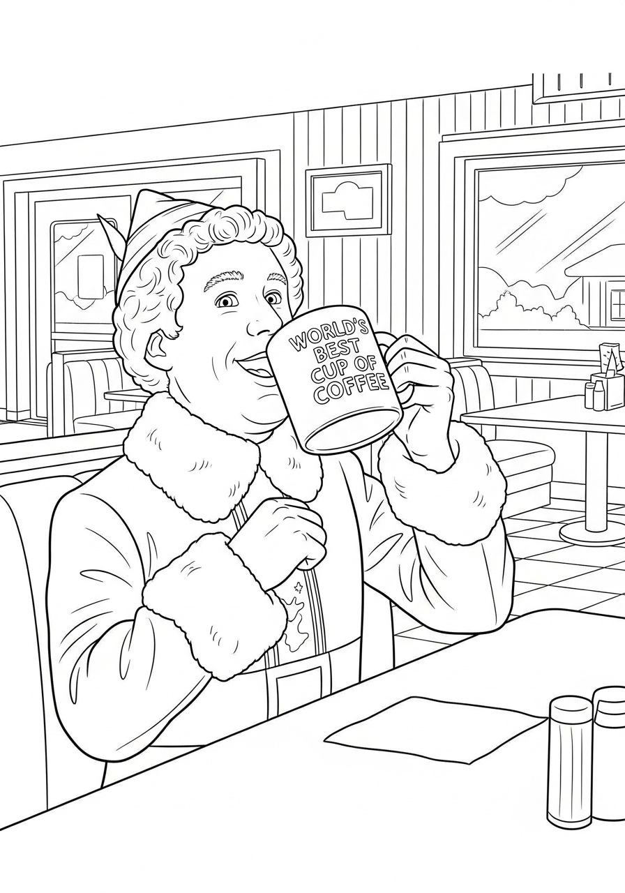 Buddy The Elf Coloring Pages 5 Buddy The Elf drinking coffee coloring page